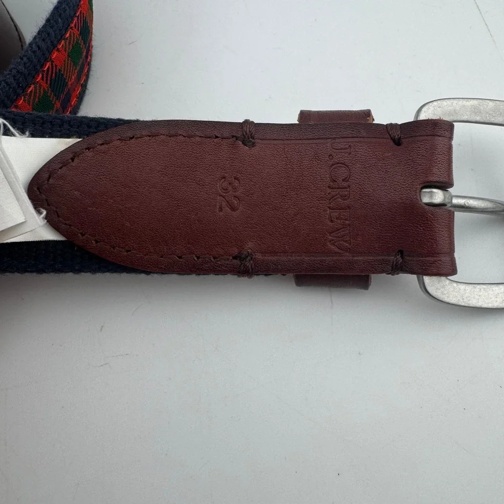 J.Crew Mens 32 Navy Blue Red Tartan Plaid Leather Canvas Belt K4680